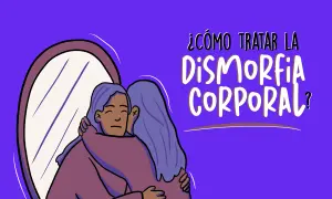 Abrazo reconfortante frente a un espejo, con el texto "¿Cómo tratar la dismorfia corporal?".
