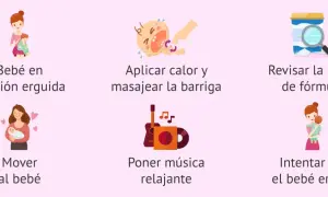 Soluciones para cólicos del lactante: bebé erguido, masajes, revisar fórmula, moverlo, música y hacerlo eructar.