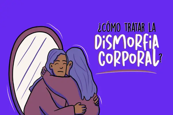 Abrazo reconfortante frente a un espejo, con el texto "¿Cómo tratar la dismorfia corporal?".