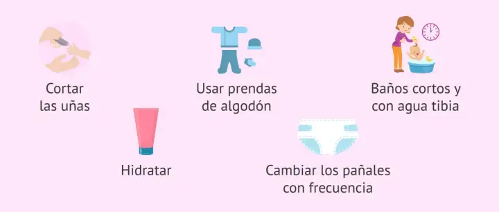 Consejos para el cuidado de la piel atópica del bebé: cortar uñas, hidratar, usar algodón, baños tibios y cambiar pañales.